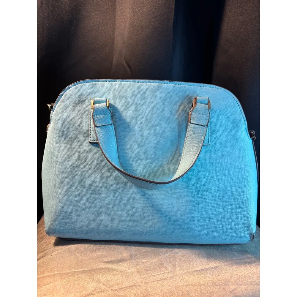 Blue Saffiano Dome Satchel Bag with Gold Heart Detail and Striped Lining